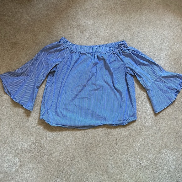 Lord & Taylor Women’s Blouse Medium Blue and White Stripe Off The Shoulder - Picture 1 of 5